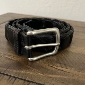Braided Leather Folded Belt Men's Sz 38 Black Silver Buckle